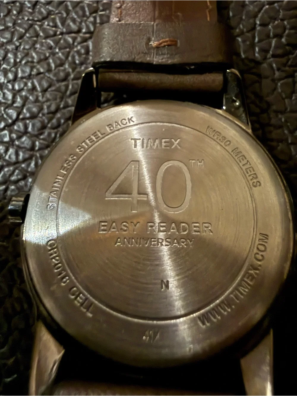 Timex Easy Reader 40th Anniversary Edition, Indiglo black dial, leather strap.